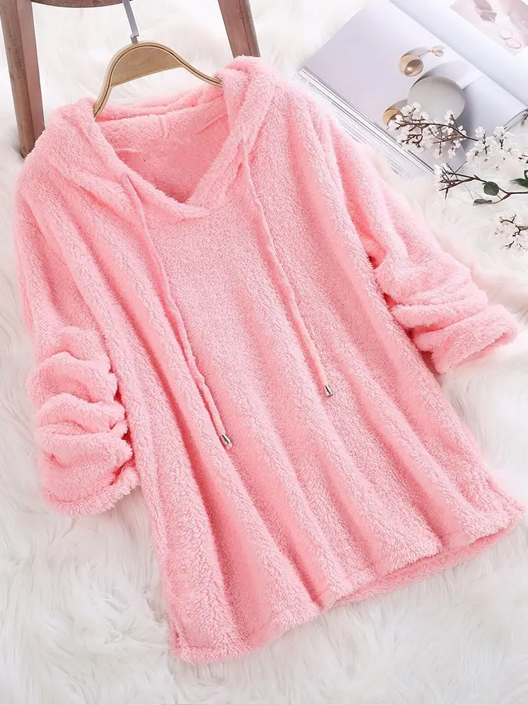 Pink Fluffy Hooded Fleece Pajama for Women — feature 59