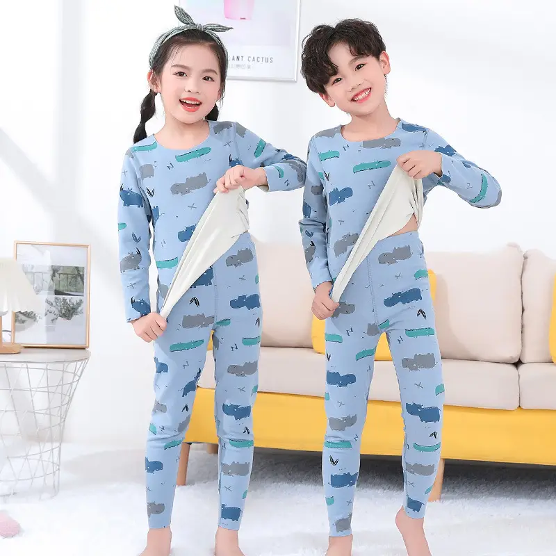 Children's Cartoon Print Pajama Set Blue Grey Kids Winter Sandal Pants - Image 9