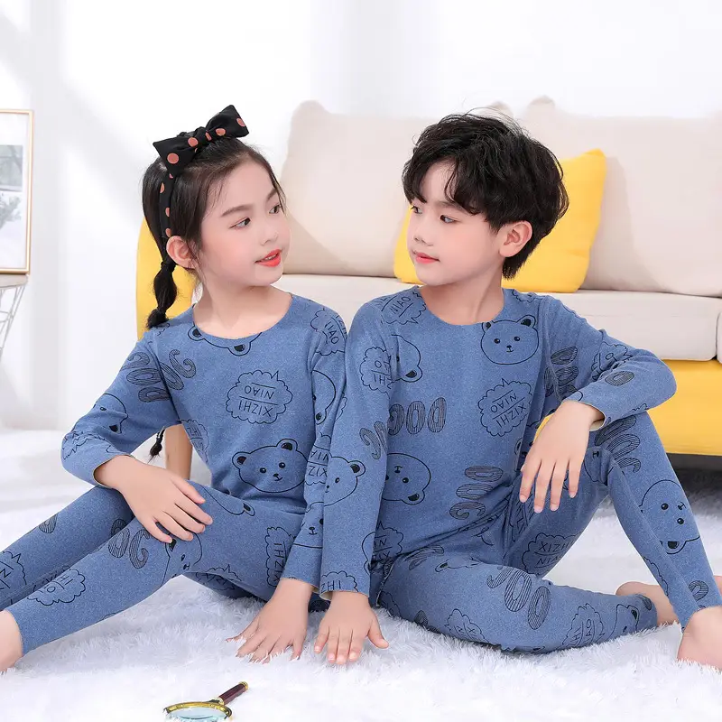 Children's Cartoon Print Pajama Set Blue Grey Kids Winter Sandal Pants - Image 10