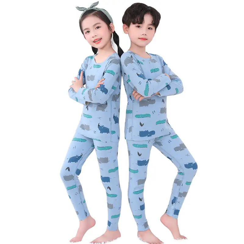 Children's Cartoon Print Pajama Set Blue Grey Kids Winter Sandal Pants - Image 11