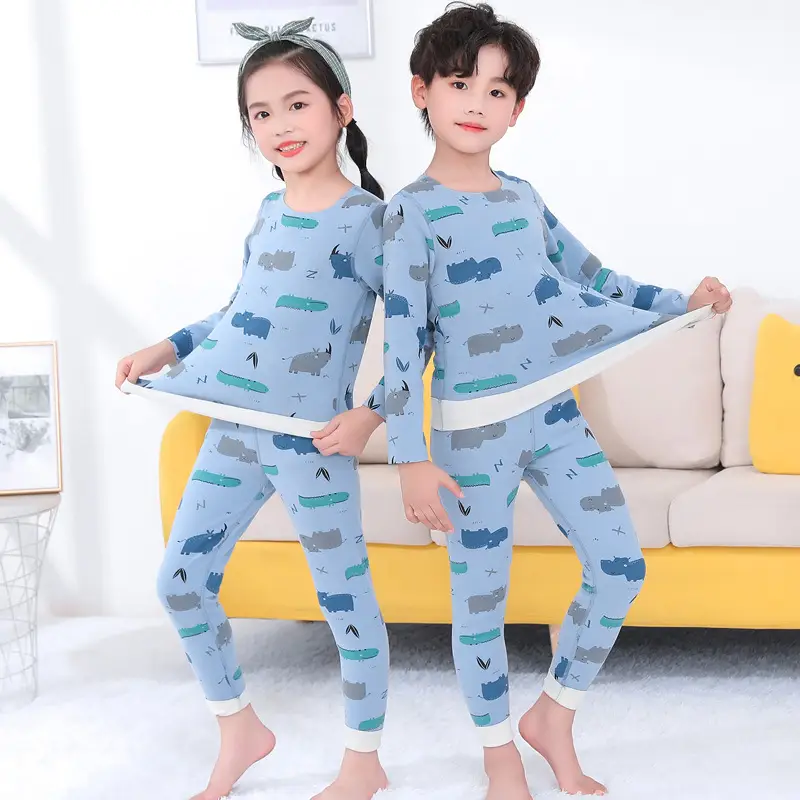 Children's Cartoon Print Pajama Set Blue Grey Kids Winter Sandal Pants - Image 2