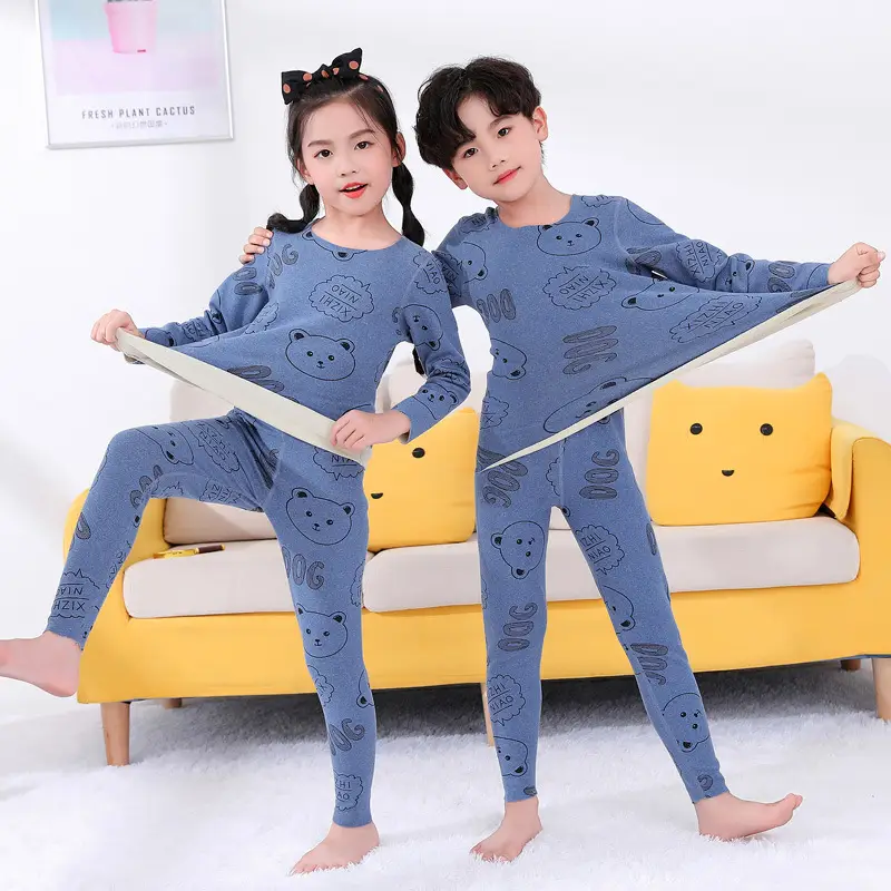 Children's Cartoon Print Pajama Set Blue Grey Kids Winter Sandal Pants - Image 5