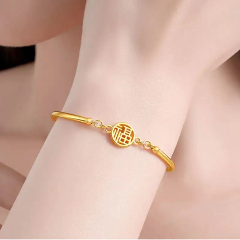 Gold Plated Women's Bracelet with "Fu" Design for Peace - Image 4