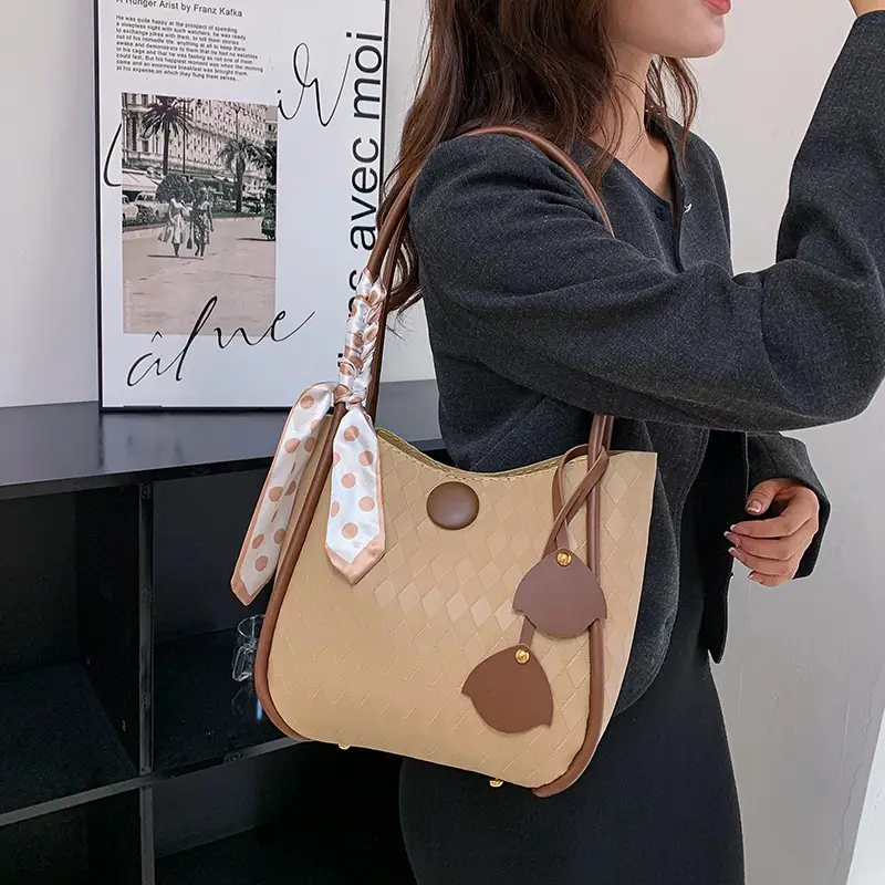 Women's PU Leather Woven Shoulder Bag Tan - Image 8