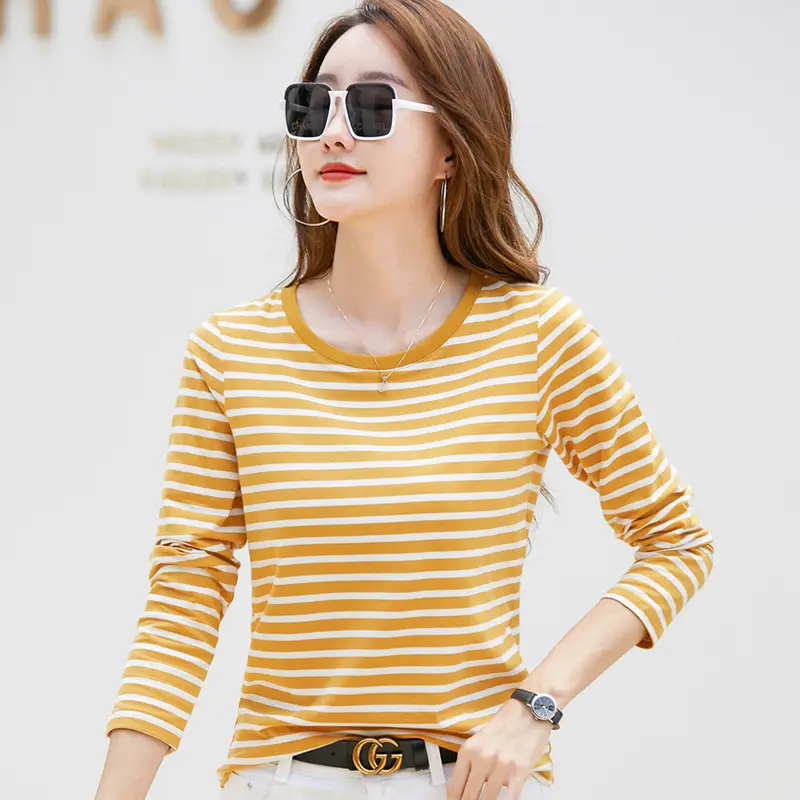 Women Long Sleeve Striped T-Shirt Green White - Image 7