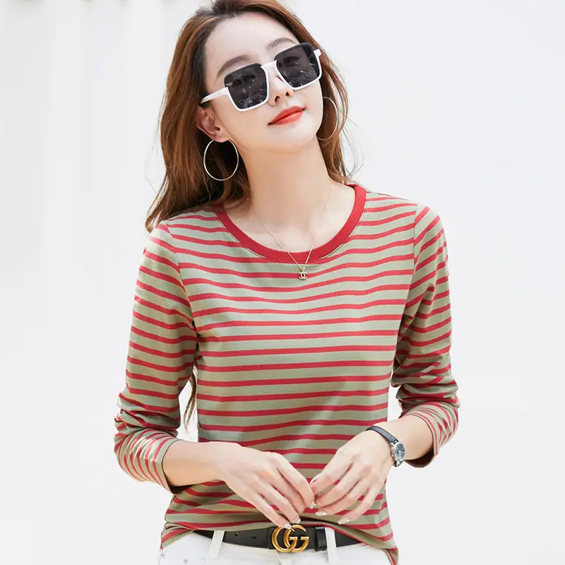 Women Long Sleeve Striped T-Shirt Green White - Image 8