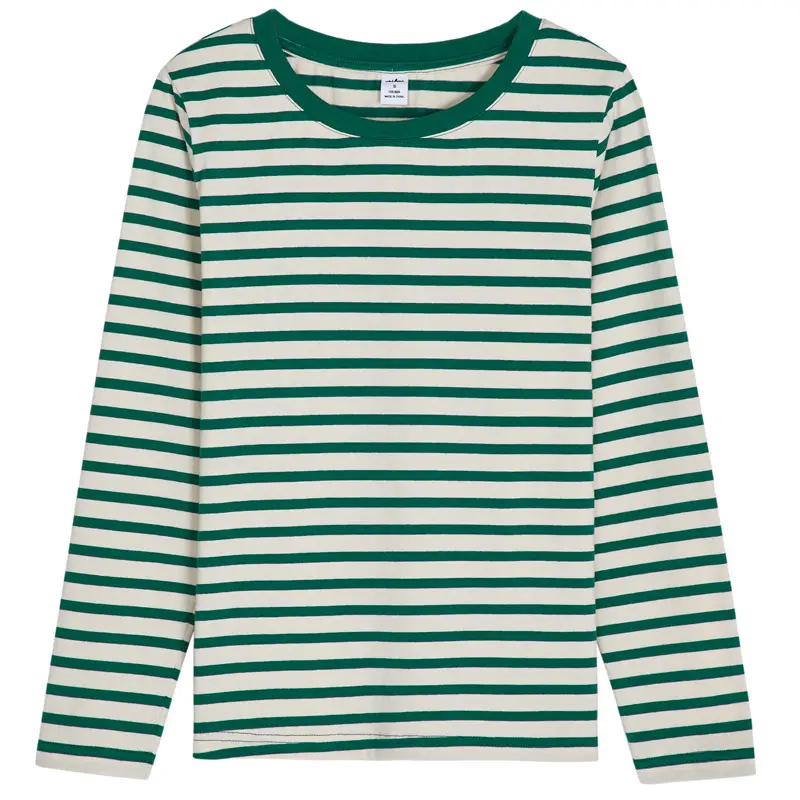 Women Long Sleeve Striped T-Shirt Green White - Image 9