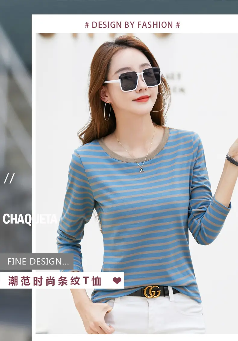 Women Long Sleeve Striped T-Shirt Green White — feature 1