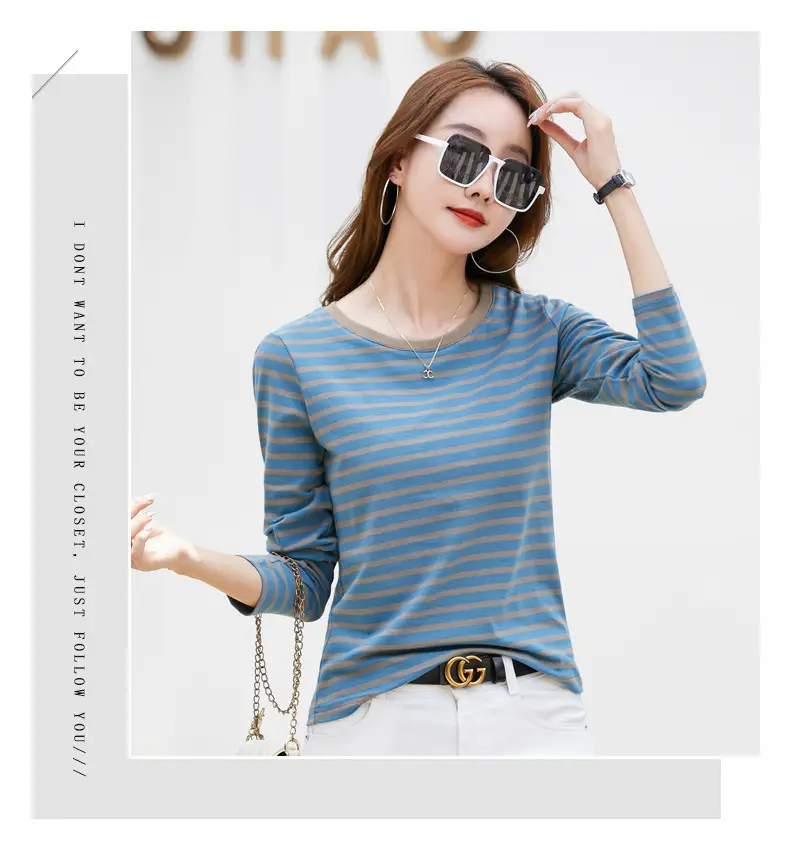 Women Long Sleeve Striped T-Shirt Green White — feature 10