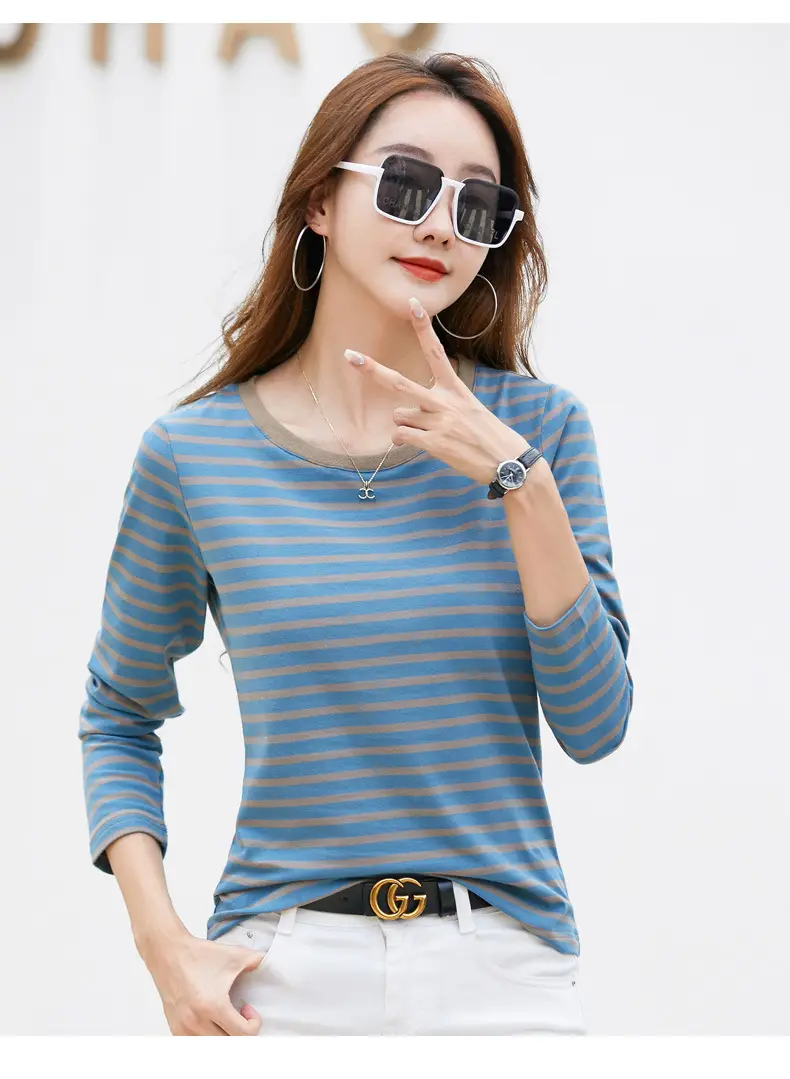 Women Long Sleeve Striped T-Shirt Green White — feature 11