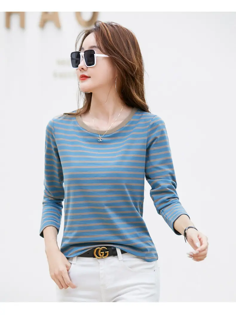 Women Long Sleeve Striped T-Shirt Green White — feature 12