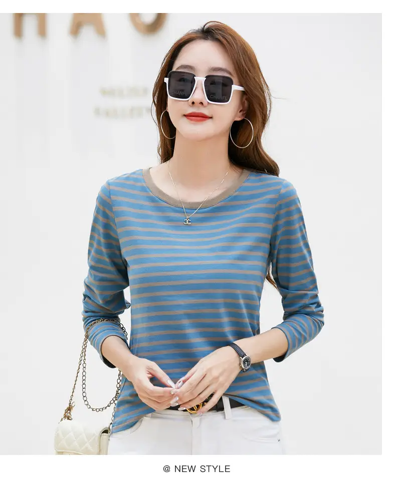 Women Long Sleeve Striped T-Shirt Green White — feature 13