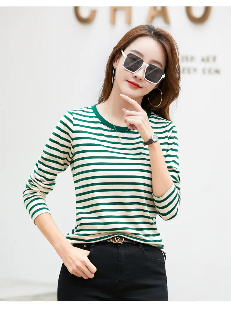 Women Long Sleeve Striped T-Shirt Green White — feature 14