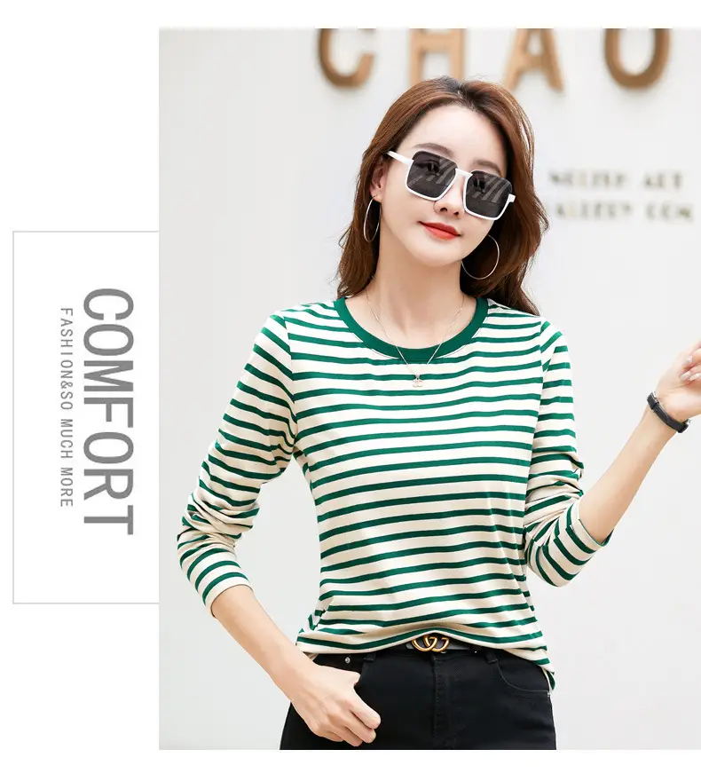 Women Long Sleeve Striped T-Shirt Green White — feature 15
