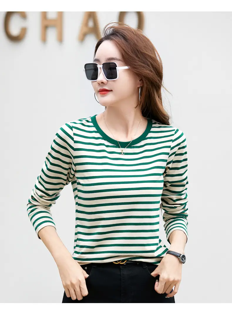 Women Long Sleeve Striped T-Shirt Green White — feature 16