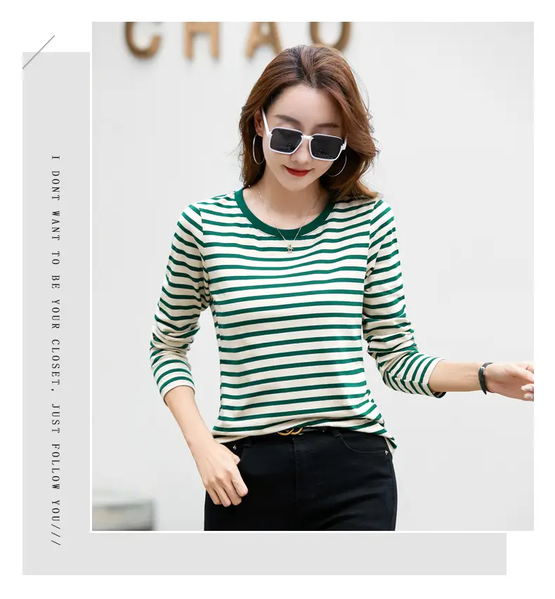 Women Long Sleeve Striped T-Shirt Green White — feature 17