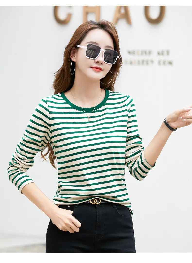Women Long Sleeve Striped T-Shirt Green White — feature 18