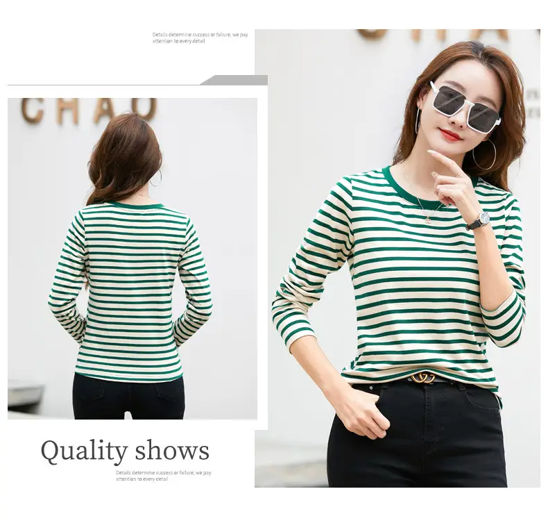 Women Long Sleeve Striped T-Shirt Green White — feature 19