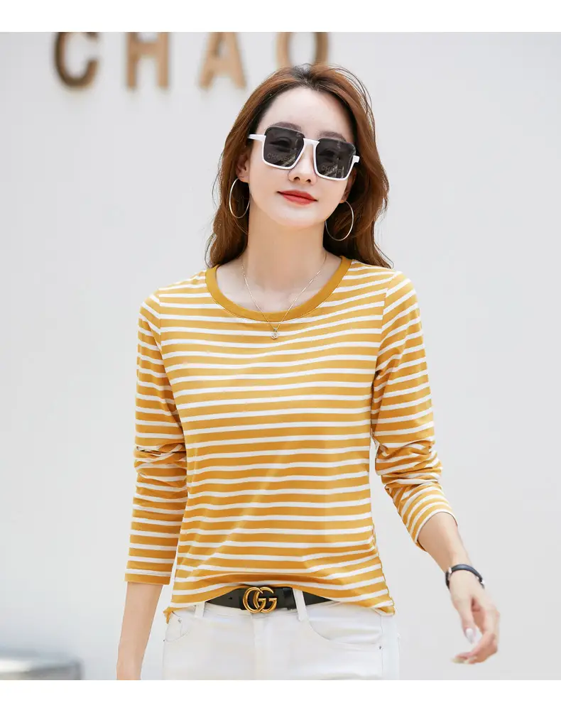 Women Long Sleeve Striped T-Shirt Green White — feature 20
