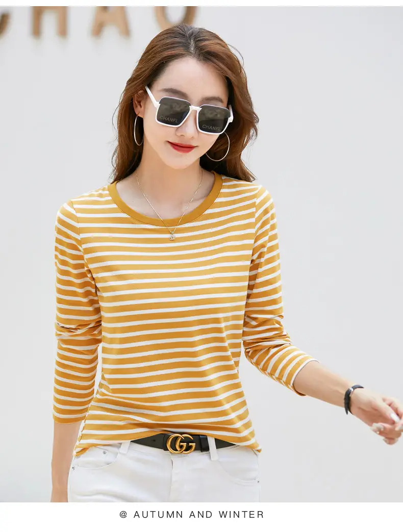 Women Long Sleeve Striped T-Shirt Green White — feature 21