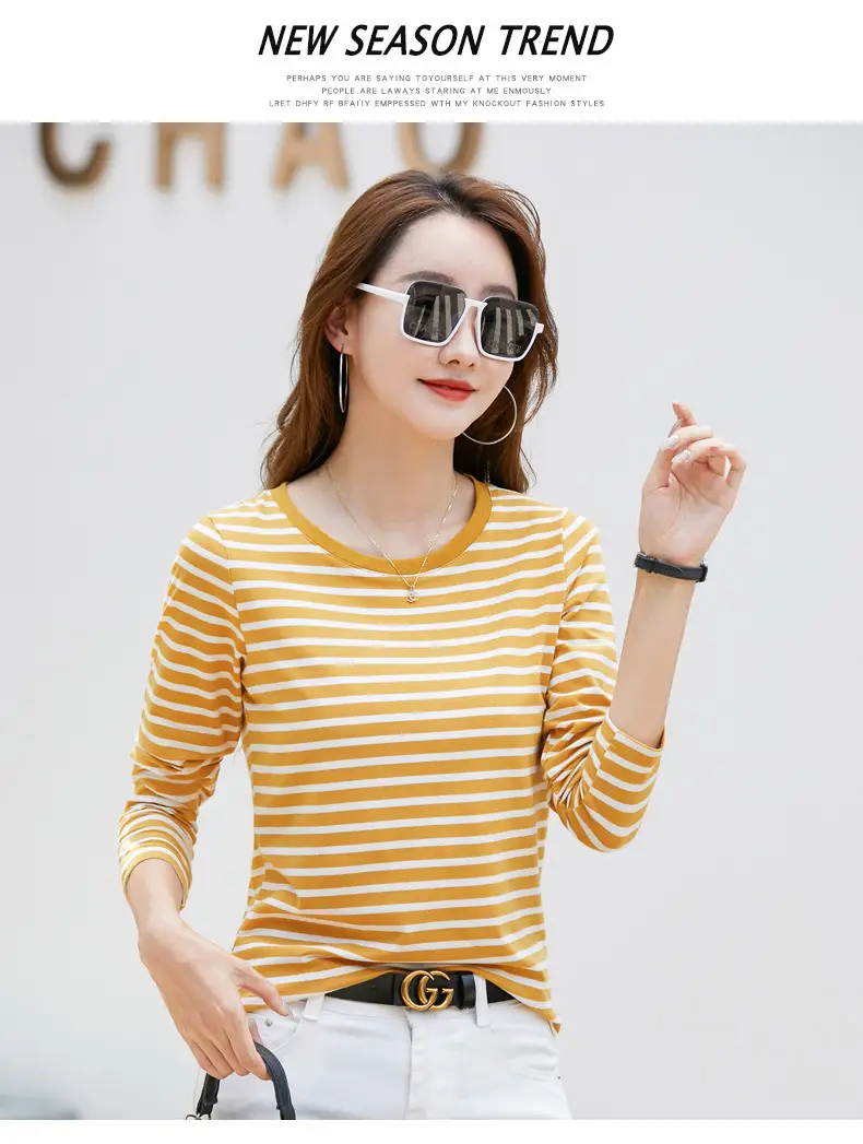 Women Long Sleeve Striped T-Shirt Green White — feature 22