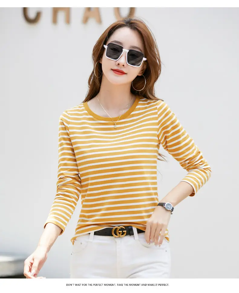 Women Long Sleeve Striped T-Shirt Green White — feature 23
