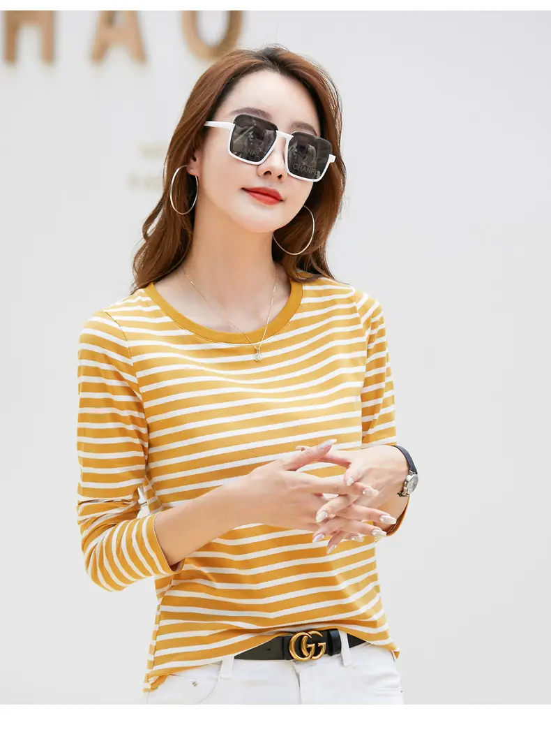Women Long Sleeve Striped T-Shirt Green White — feature 24
