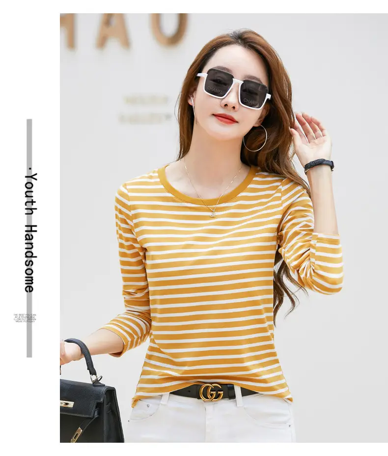 Women Long Sleeve Striped T-Shirt Green White — feature 25