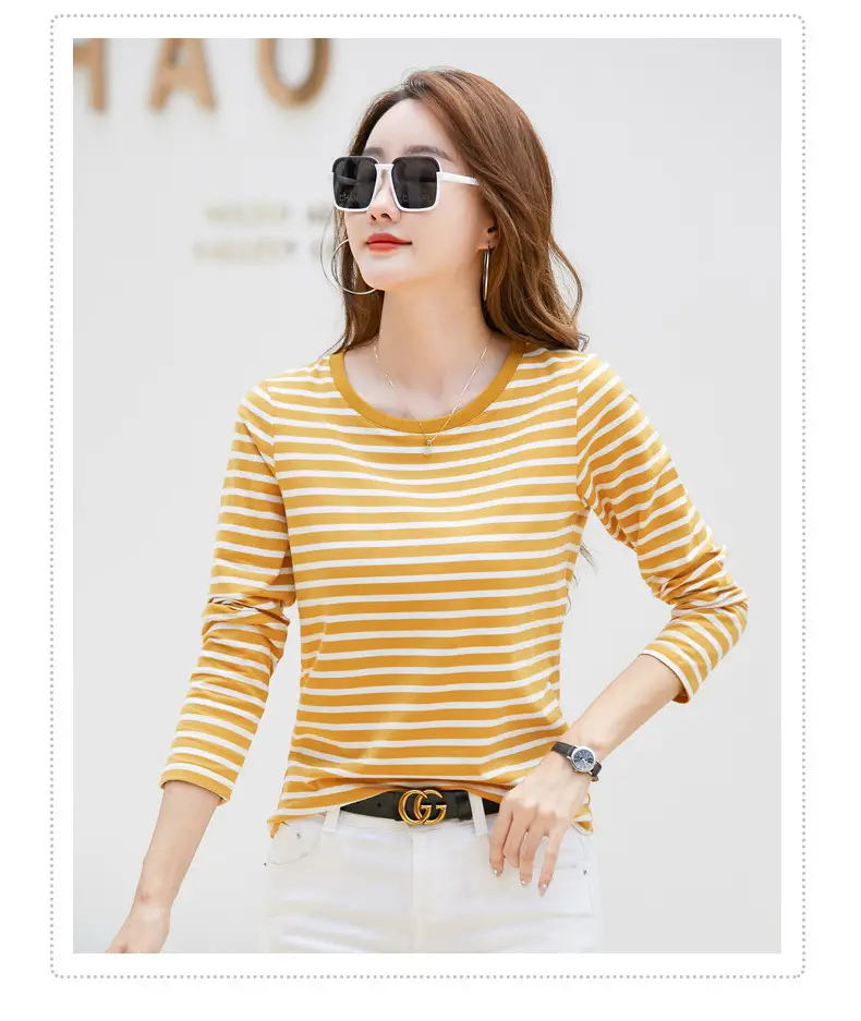 Women Long Sleeve Striped T-Shirt Green White — feature 26