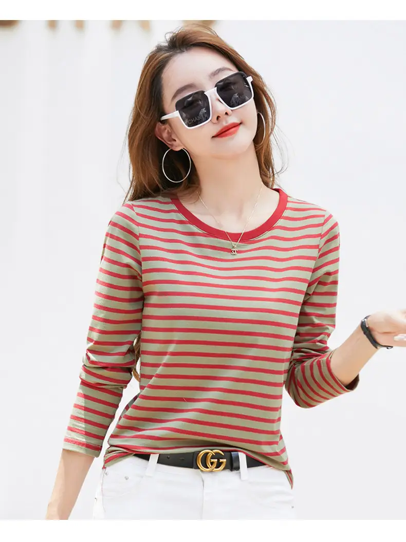 Women Long Sleeve Striped T-Shirt Green White — feature 27
