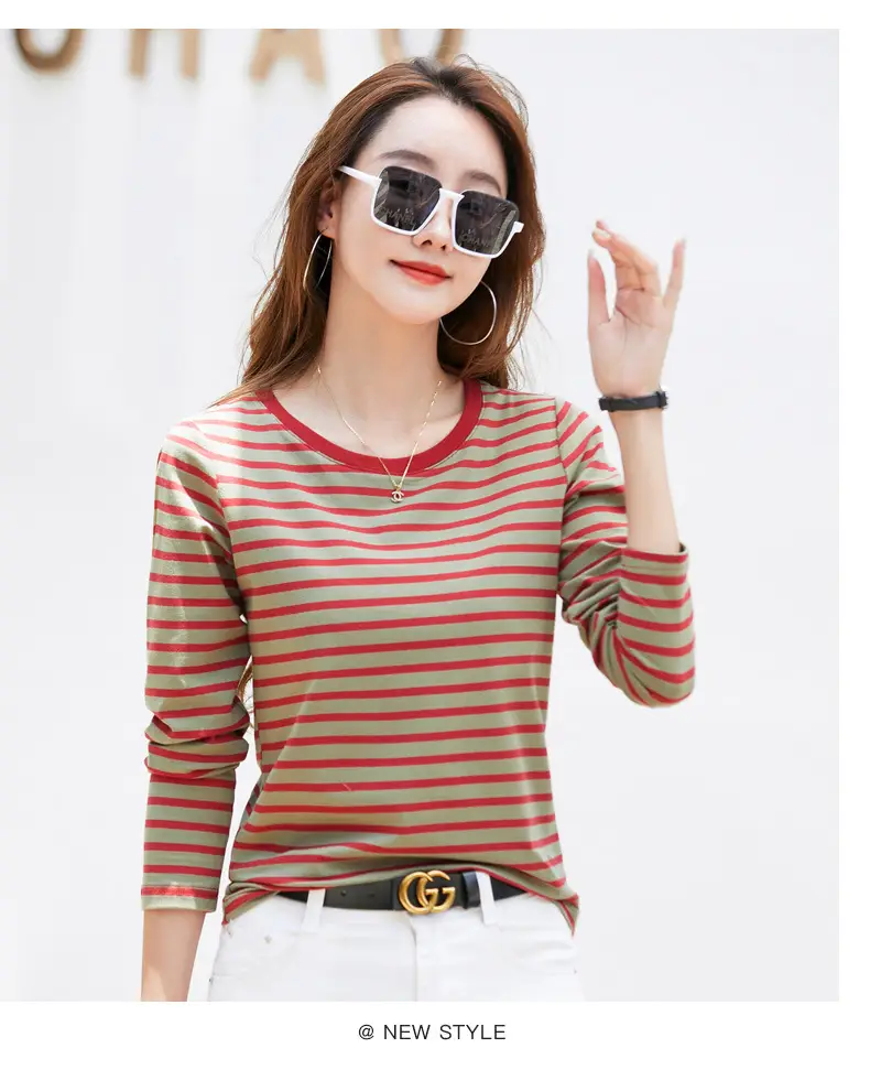 Women Long Sleeve Striped T-Shirt Green White — feature 28
