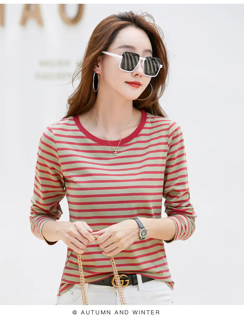 Women Long Sleeve Striped T-Shirt Green White — feature 29