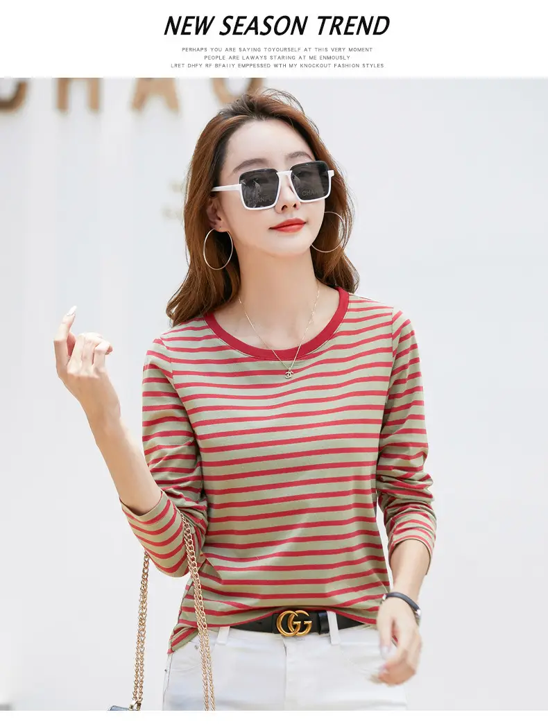 Women Long Sleeve Striped T-Shirt Green White — feature 30