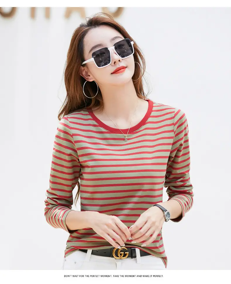 Women Long Sleeve Striped T-Shirt Green White — feature 31