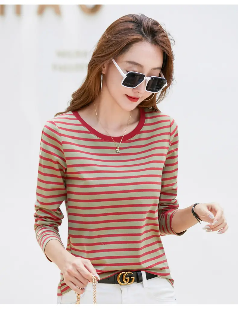 Women Long Sleeve Striped T-Shirt Green White — feature 32