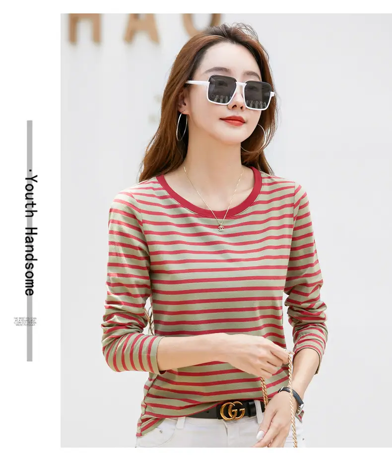 Women Long Sleeve Striped T-Shirt Green White — feature 33