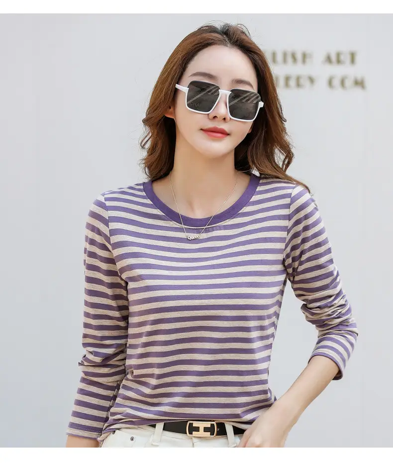 Women Long Sleeve Striped T-Shirt Green White — feature 34