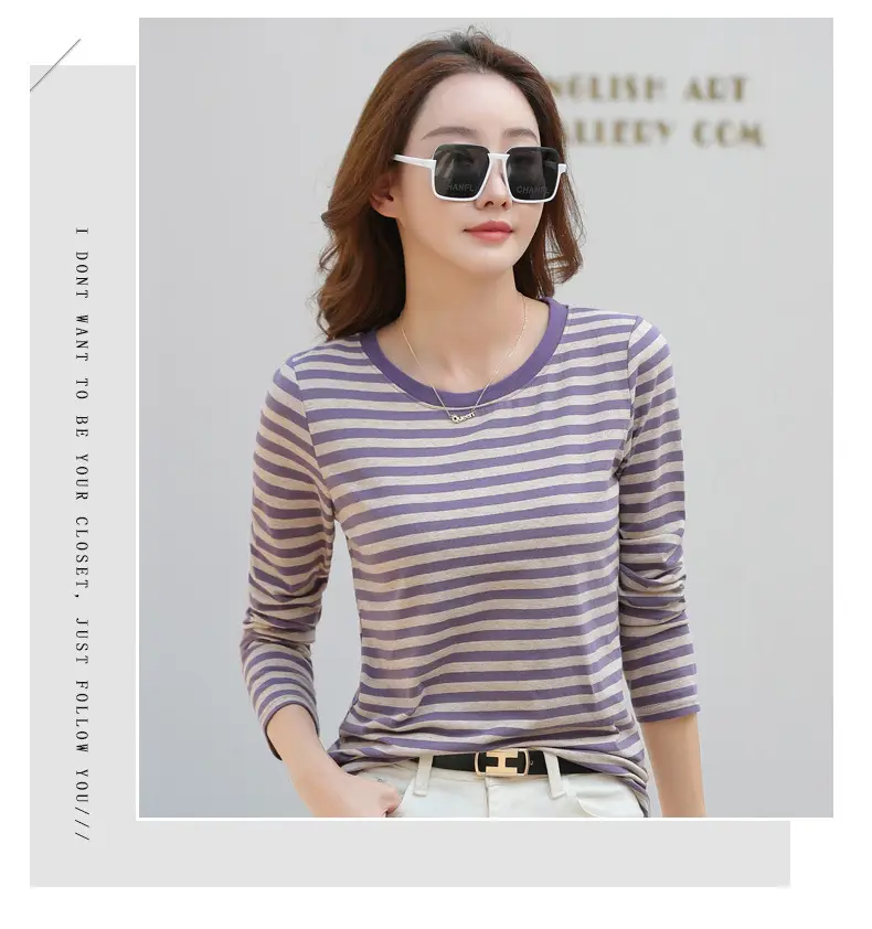 Women Long Sleeve Striped T-Shirt Green White — feature 35