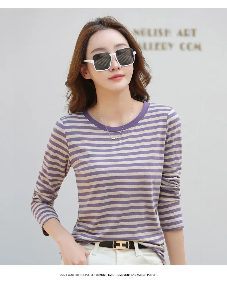 Women Long Sleeve Striped T-Shirt Green White — feature 36