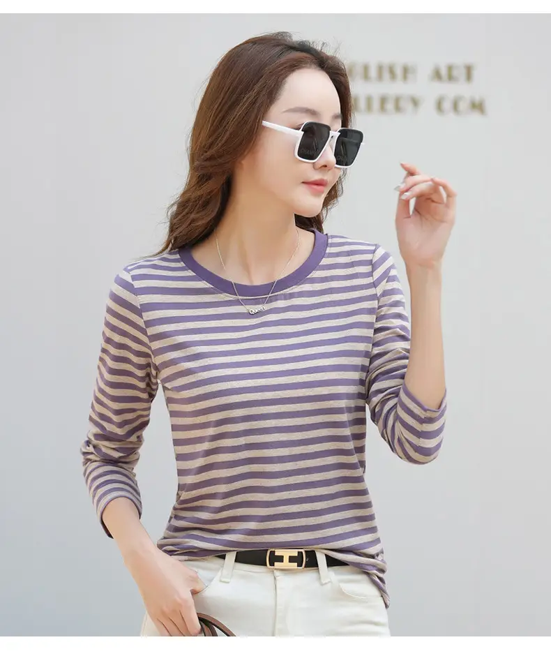 Women Long Sleeve Striped T-Shirt Green White — feature 37