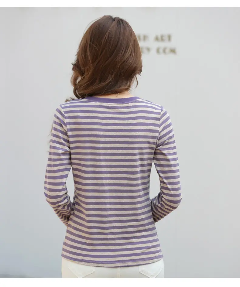 Women Long Sleeve Striped T-Shirt Green White — feature 39
