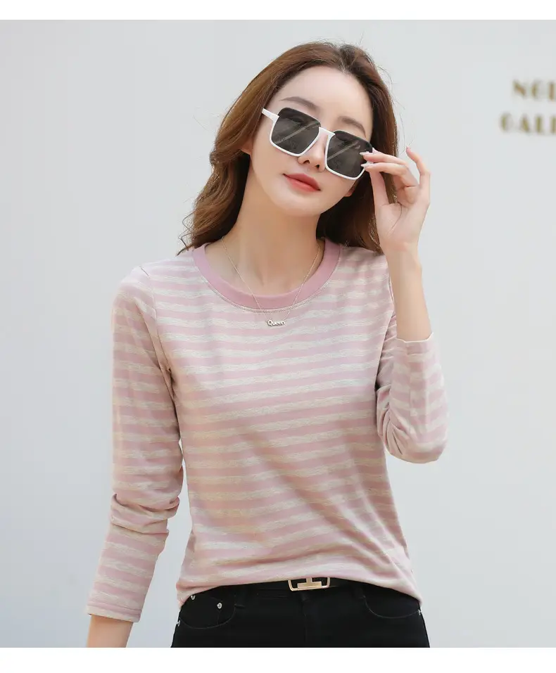 Women Long Sleeve Striped T-Shirt Green White — feature 43