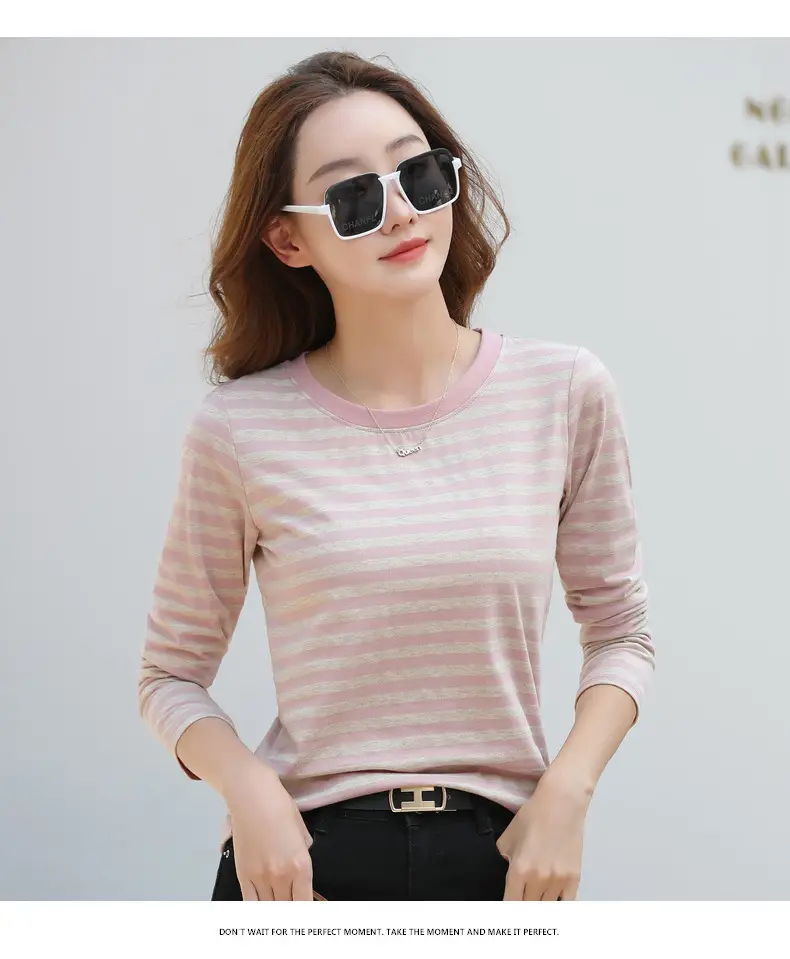 Women Long Sleeve Striped T-Shirt Green White — feature 44