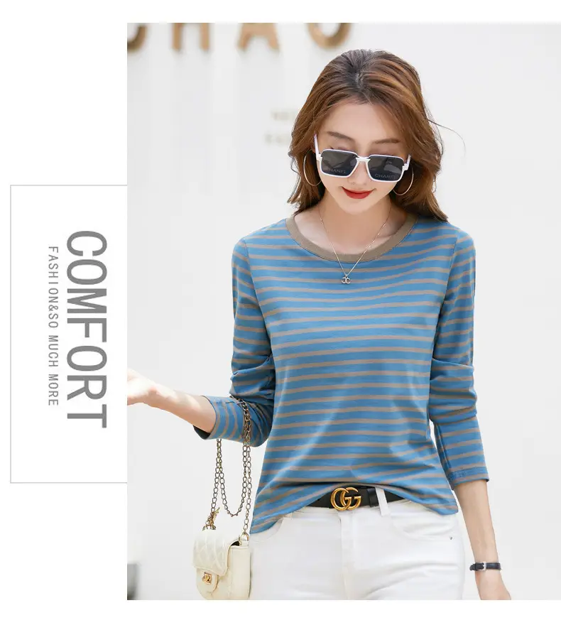 Women Long Sleeve Striped T-Shirt Green White — feature 7