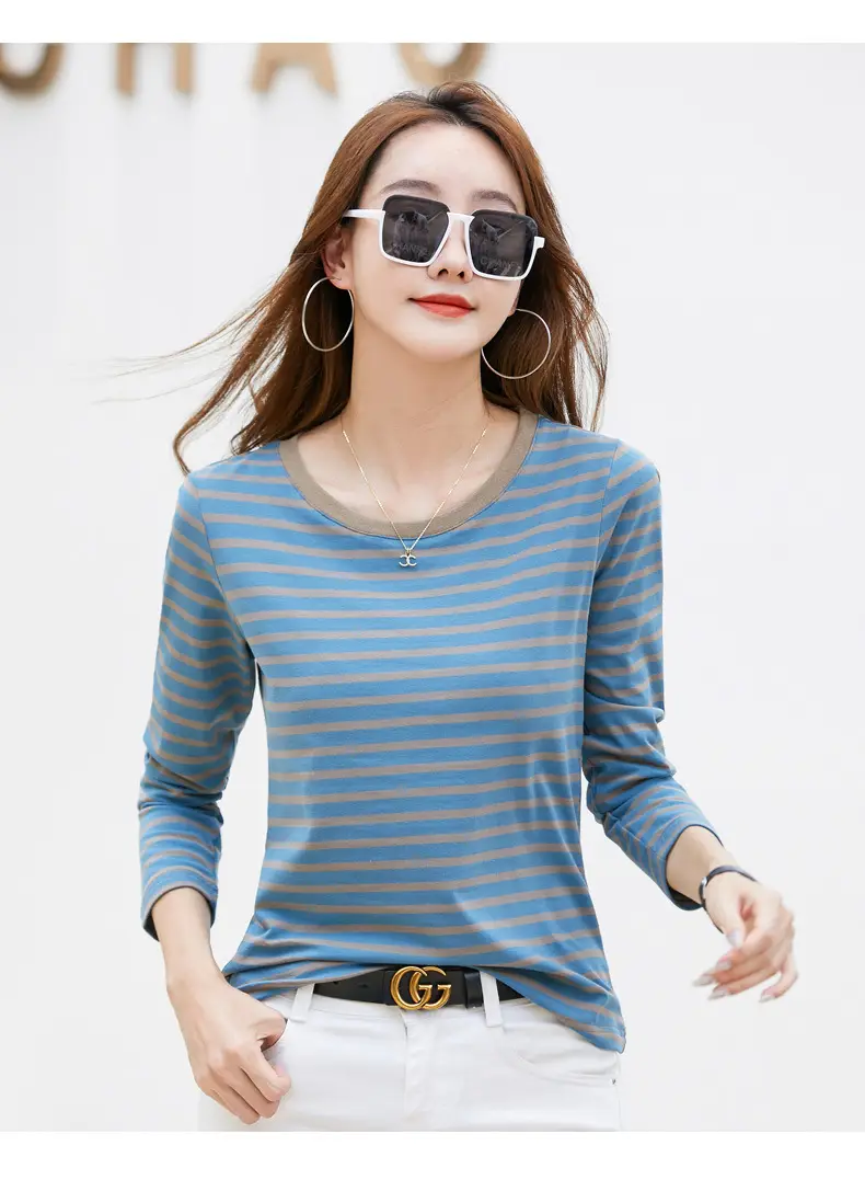 Women Long Sleeve Striped T-Shirt Green White — feature 8