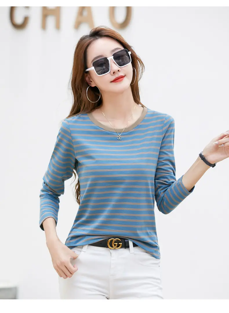 Women Long Sleeve Striped T-Shirt Green White — feature 9