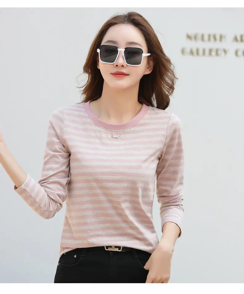 Women Long Sleeve Striped T-Shirt Green White - Image 5