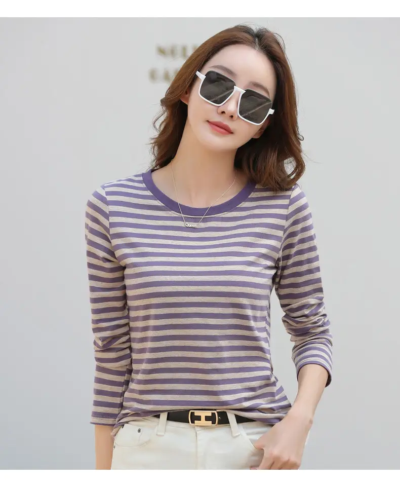 Women Long Sleeve Striped T-Shirt Green White - Image 6