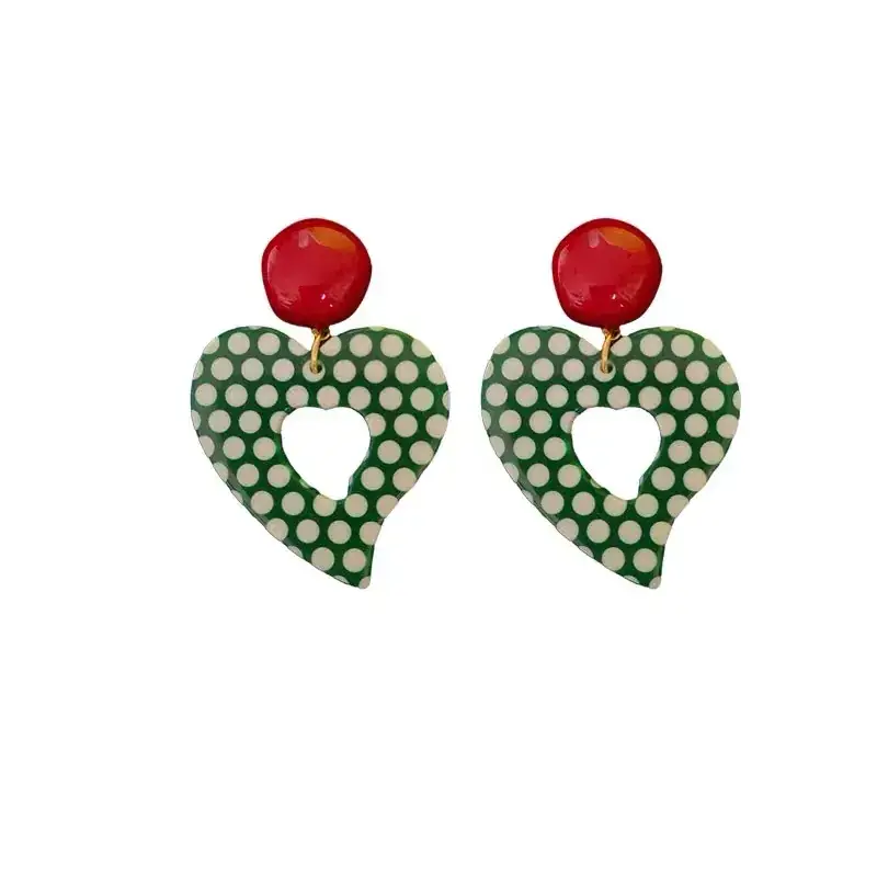 Retro Heart Earrings Red Green Contrast - Image 3