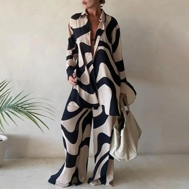 Printed Loose Suit Long Sleeve Straight Tube Jumpsuit